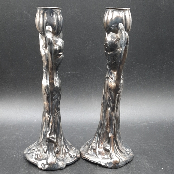 2 Antique Art Nouveau Silver Plate Figural Lady Candlesticks SIMPSON HALL MILLER - Picture 6 of 9